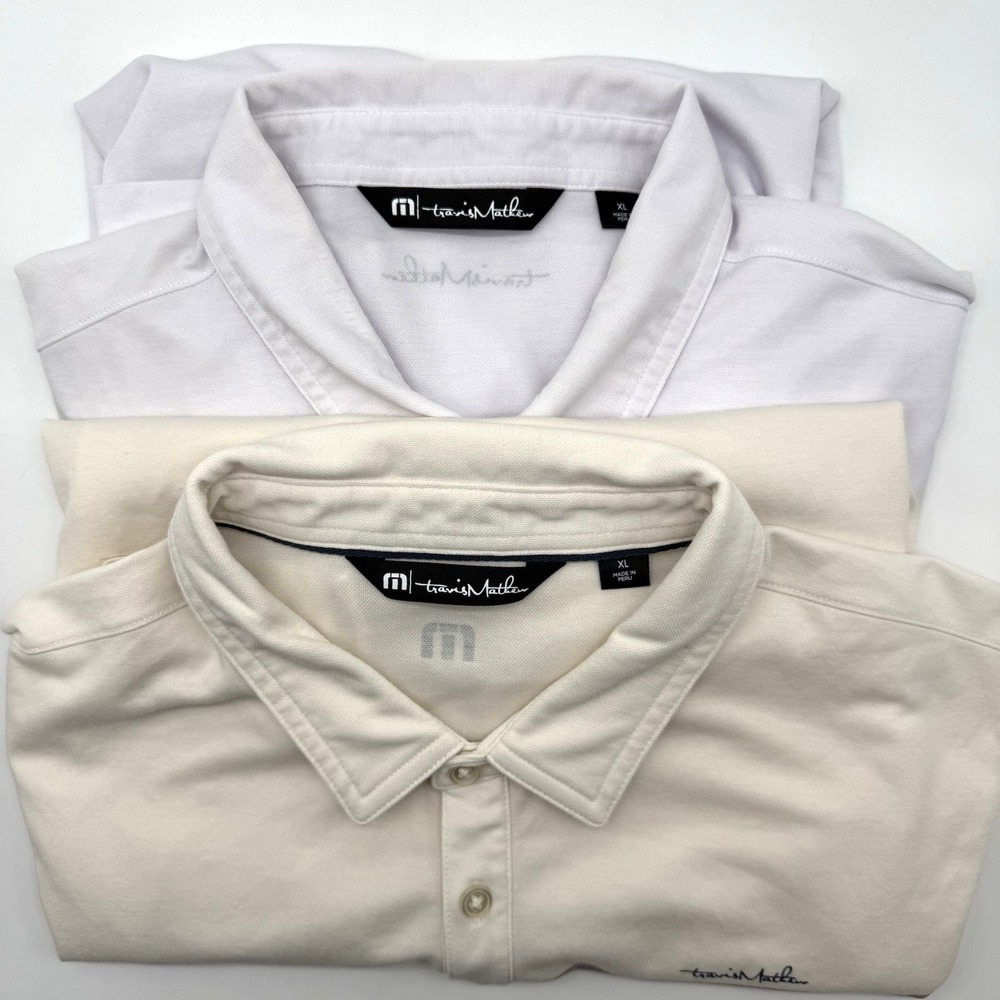 Travis Mathew Lot Of 2 Men's Short Sleeve White Creme Stretch Golf XL Polo Shirt